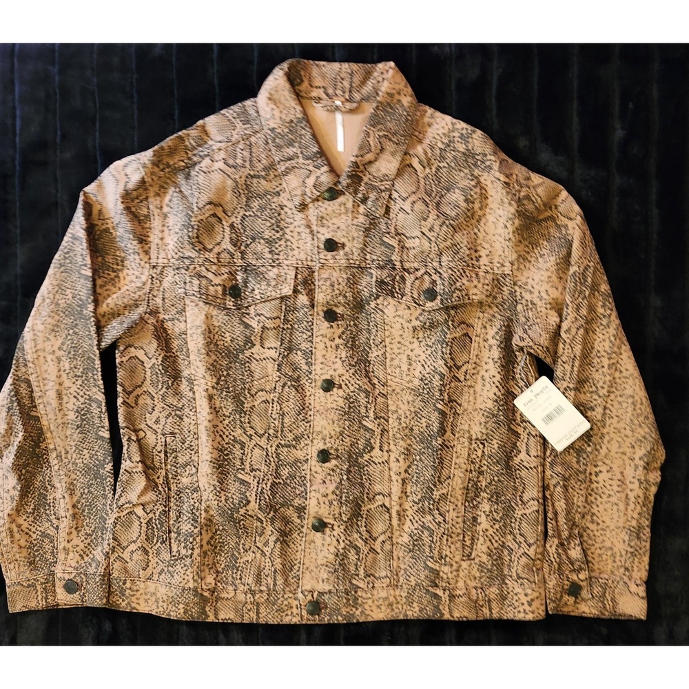 New Women's Free People Brown & Sienna Snake Print Button-Up Denim Jacket Size M